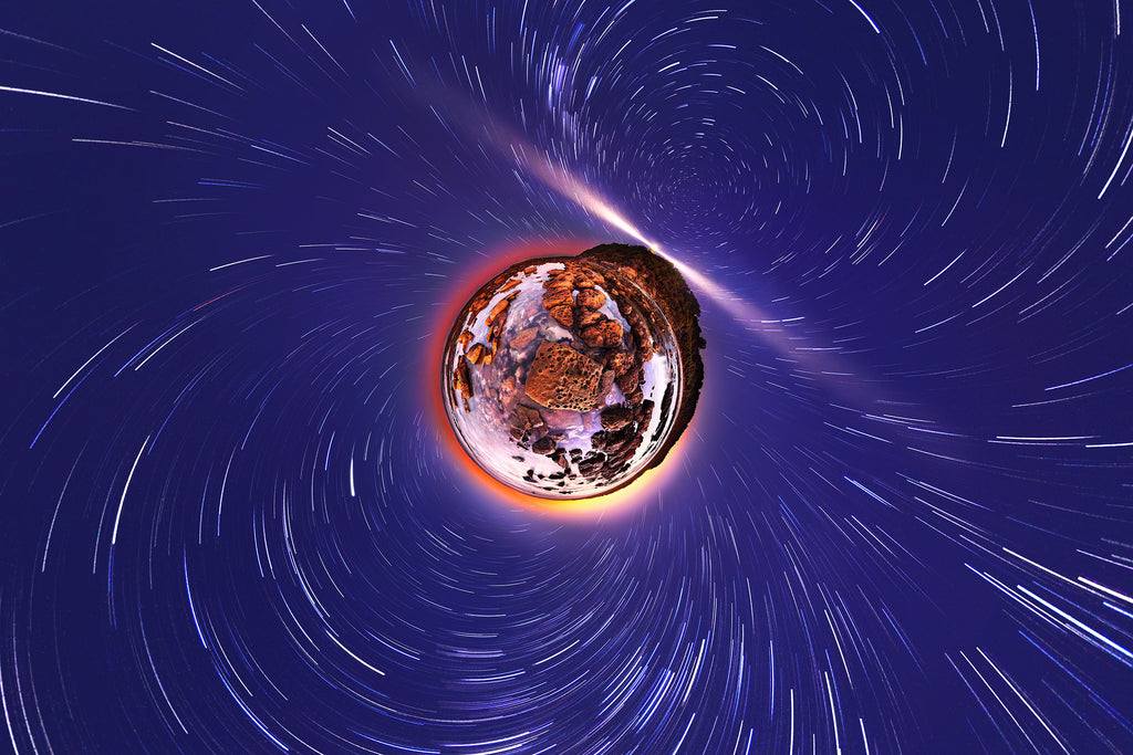 Panoramic Planet of star trails and Norah Head lighthouse