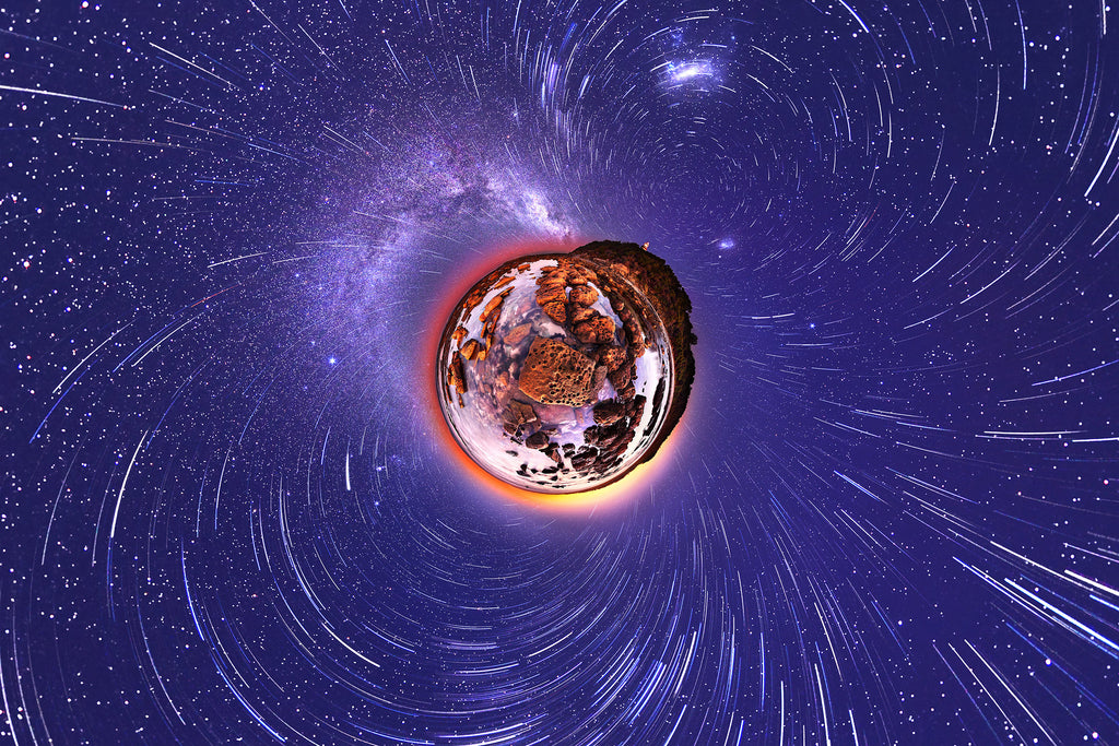 Panoramic Planet of the Milkyway and star trails and Norah Head lighthouse